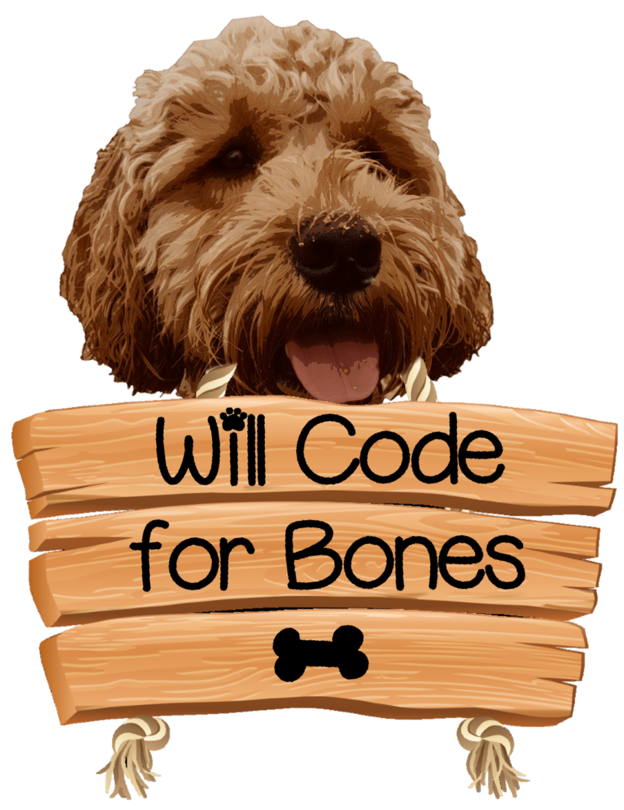Dog holding a sign saying will code for bones in his mouth